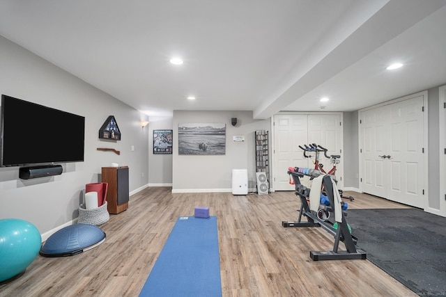 67 Great Hill Rd, Ridgefield, CT 06877 - workout room with wood finished floors, recessed lighting, and baseboards