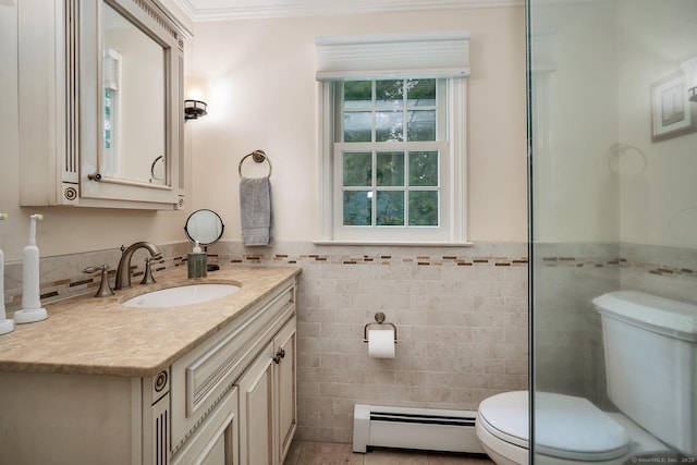 67 Great Hill Rd, Ridgefield, CT 06877 - full bathroom featuring baseboard heating, toilet, tile walls, vanity, and a wainscoted wall