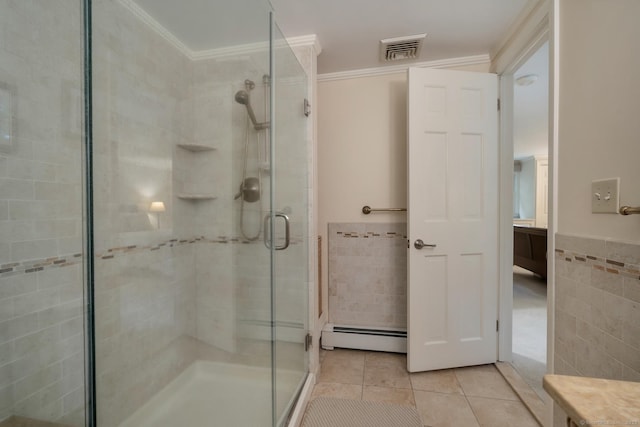 67 Great Hill Rd, Ridgefield, CT 06877 - bathroom featuring a baseboard heating unit, tile walls, a shower stall, tile patterned flooring, and ornamental molding