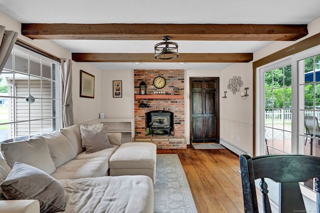 47 Edrow Rd, Bristol, CT 06010 - living room with a wood stove, hardwood / wood-style flooring, a baseboard heating unit, wainscoting, and a decorative wall