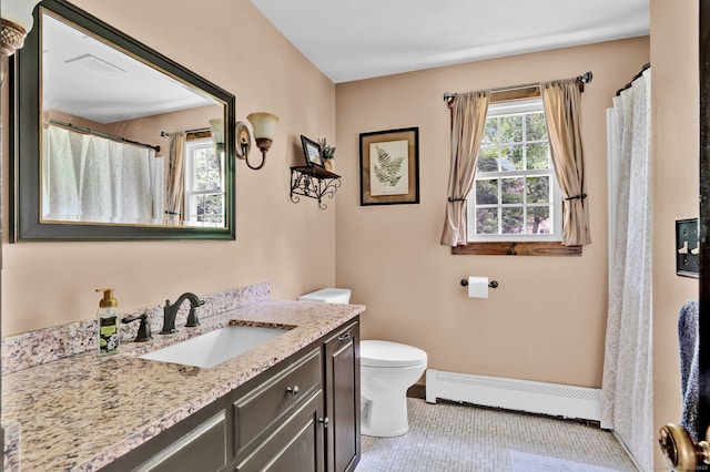 47 Edrow Rd, Bristol, CT 06010 - full bathroom featuring baseboard heating, vanity, tile patterned flooring, and a shower with curtain
