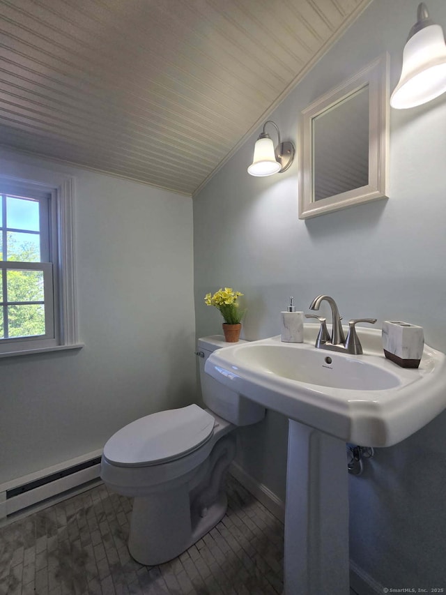 28 S Highland St, West Hartford, CT 06119 - half bath featuring a baseboard radiator, lofted ceiling, toilet, wood ceiling, and baseboards
