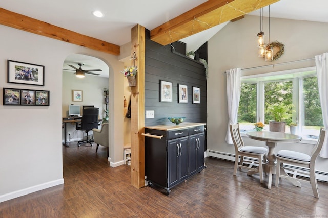 52 Berkshire Dr, Brookfield, CT 06804 - kitchen featuring arched walkways, a ceiling fan, dark wood-style flooring, recessed lighting, and an office area