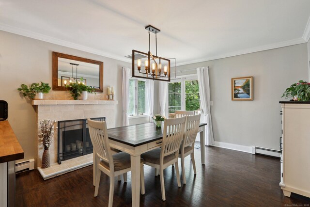 52 Berkshire Dr, Brookfield, CT 06804 - dining area with a baseboard radiator, dark wood finished floors, a chandelier, crown molding, and baseboards