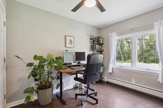 52 Berkshire Dr, Brookfield, CT 06804 - office area featuring a baseboard radiator, ceiling fan, wood finished floors, and baseboards