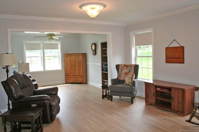 2 Cinnamon Ln Unit 2, Portland, CT 06480 - living room with light wood-type flooring, ornamental molding, a ceiling fan, and baseboards