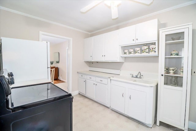 8 Fulton Dr, New Fairfield, CT 06812 - kitchen featuring electric range, freestanding refrigerator, crown molding, open shelves, and light floors