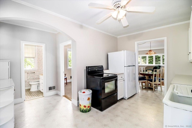 8 Fulton Dr, New Fairfield, CT 06812 - kitchen featuring electric range, arched walkways, healthy amount of natural light, light flooring, and crown molding