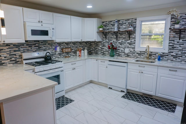 381 Oak St, East Hartford, CT 06118 - kitchen with white appliances, a sink, ornamental molding, decorative backsplash, and white cabinetry