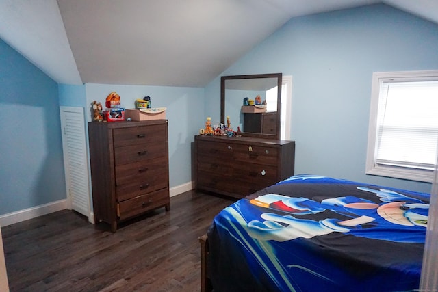 381 Oak St, East Hartford, CT 06118 - bedroom featuring vaulted ceiling, dark wood-style flooring, and baseboards