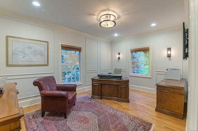 38 Old Trolley Rd, Ridgefield, CT 06877 - office area featuring a decorative wall, ornamental molding, light wood-style flooring, and recessed lighting