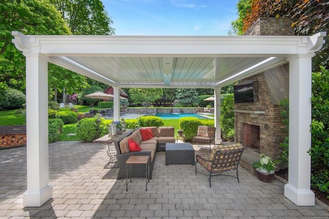 38 Old Trolley Rd, Ridgefield, CT 06877 - view of patio / terrace featuring a gazebo, an outdoor living space with a fireplace, and a pool