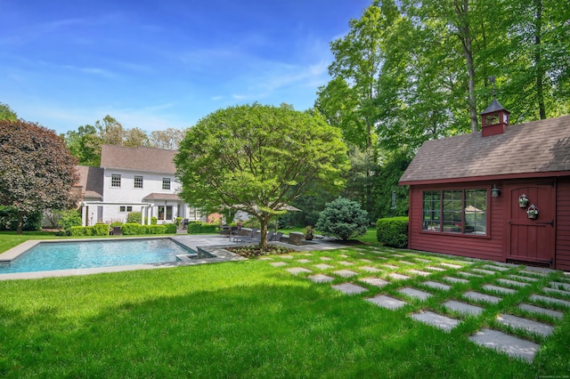 38 Old Trolley Rd, Ridgefield, CT 06877 - view of green lawn featuring an outdoor pool and an outbuilding