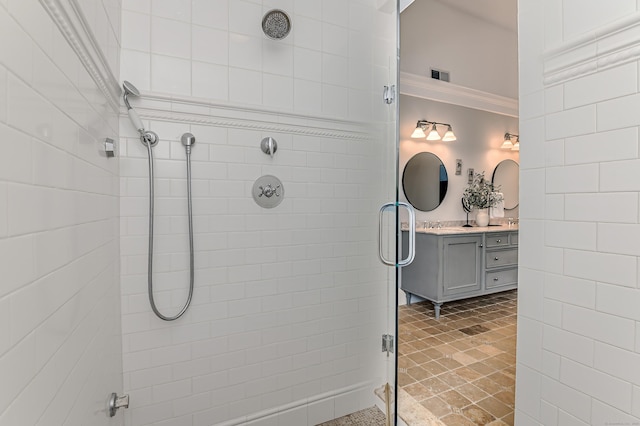 38 Old Trolley Rd, Ridgefield, CT 06877 - bathroom with a shower stall, vanity, and crown molding
