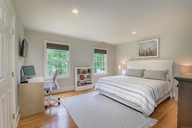 38 Old Trolley Rd, Ridgefield, CT 06877 - bedroom with light wood-style flooring, an office area, baseboards, and recessed lighting