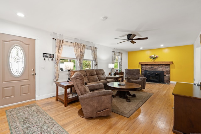 2 Pine Hill Rd, New Fairfield, CT 06812 - living room with a ceiling fan, light wood finished floors, a brick fireplace, baseboards, and recessed lighting