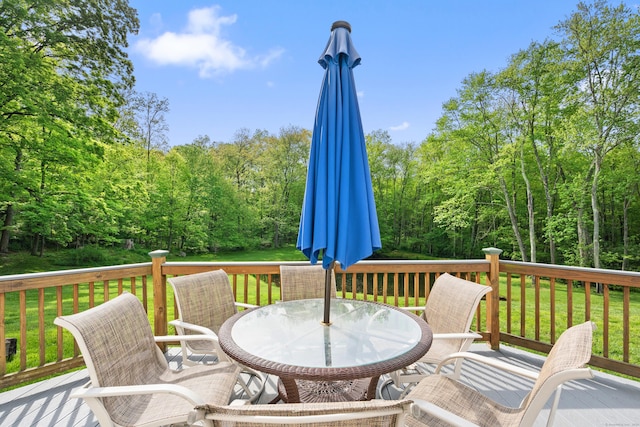 2 Pine Hill Rd, New Fairfield, CT 06812 - deck featuring outdoor dining space, a lawn, and a wooded view