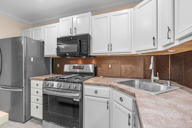 142 Summit St Unit 142, Norwich, CT 06360 - kitchen with stainless steel appliances, a sink, white cabinets, crown molding, and light countertops