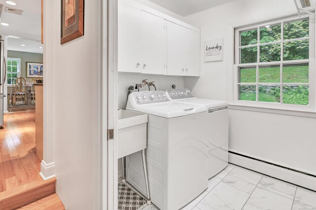 6 Rivergate Woods, Wilton, CT 06897 - washroom featuring cabinet space, a baseboard heating unit, washing machine and dryer, and recessed lighting