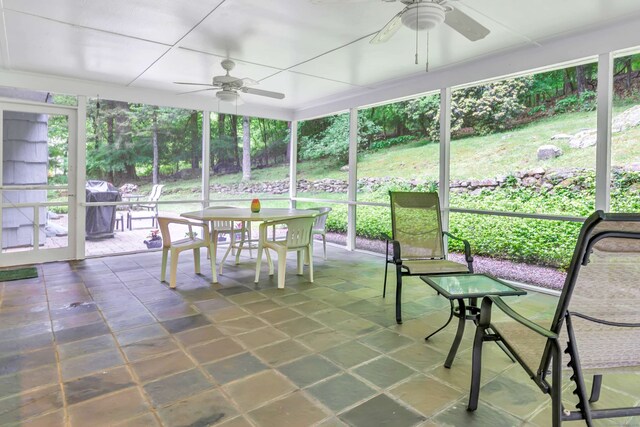 6 Rivergate Woods, Wilton, CT 06897 - unfurnished sunroom featuring ceiling fan and outdoor dining area