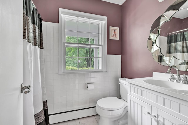 6 Rivergate Woods, Wilton, CT 06897 - bathroom with baseboard heating, toilet, vanity, a shower with shower curtain, and tile walls