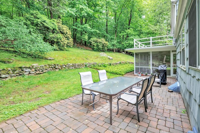 6 Rivergate Woods, Wilton, CT 06897 - view of patio / terrace with outdoor dining area, a forest view, area for grilling, and a balcony