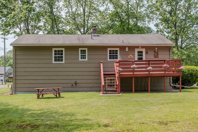 498 Long Hill Ave, Shelton, CT 06484 - rear view of property with a chimney, a wooden deck, a yard, and stairs