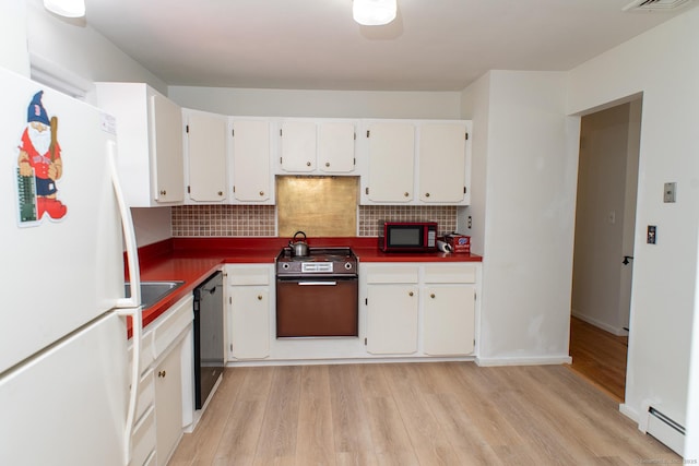 498 Long Hill Ave, Shelton, CT 06484 - kitchen with freestanding refrigerator, gas range, decorative backsplash, black dishwasher, and a baseboard heating unit
