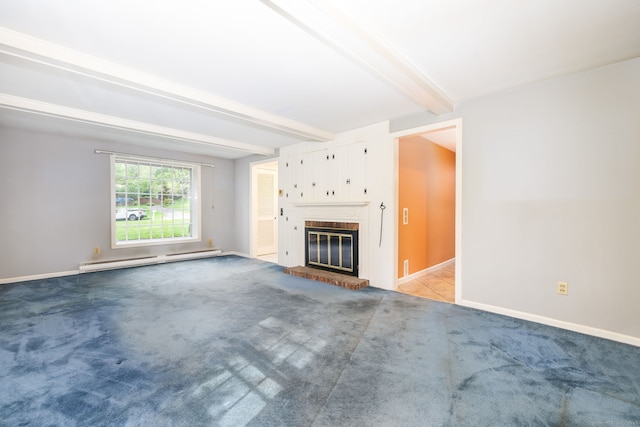 10 Laurel Glen Dr, East Hampton, CT 06424 - unfurnished living room featuring a baseboard radiator, beamed ceiling, a fireplace, baseboards, and carpet flooring