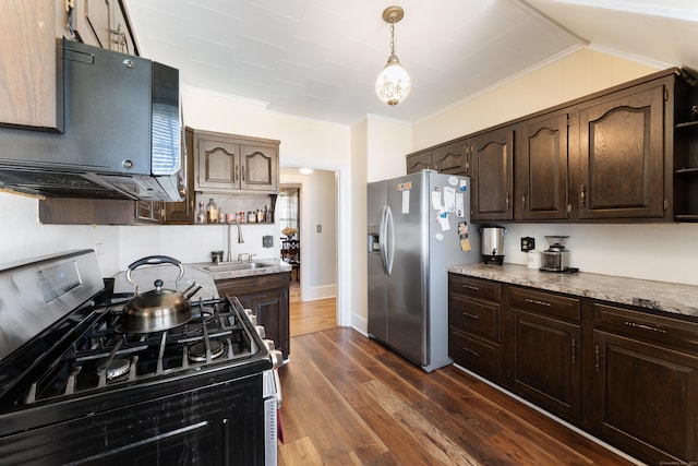 90 Broad St, Killingly, CT 06239 - kitchen featuring gas range oven, stainless steel refrigerator with ice dispenser, open shelves, crown molding, and dark brown cabinetry