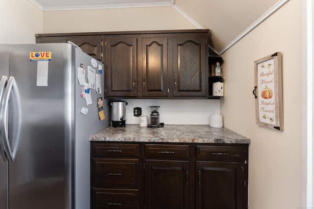 90 Broad St, Killingly, CT 06239 - kitchen with freestanding refrigerator, dark brown cabinetry, lofted ceiling, crown molding, and open shelves