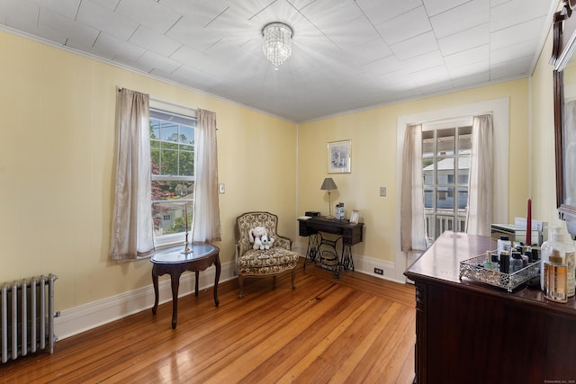 90 Broad St, Killingly, CT 06239 - sitting room with radiator heating unit, crown molding, light wood-style floors, and a chandelier