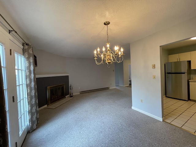 782 Oronoke Rd Apt 33, Waterbury, CT 06708 - unfurnished living room featuring baseboard heating, a chandelier, light carpet, and baseboards