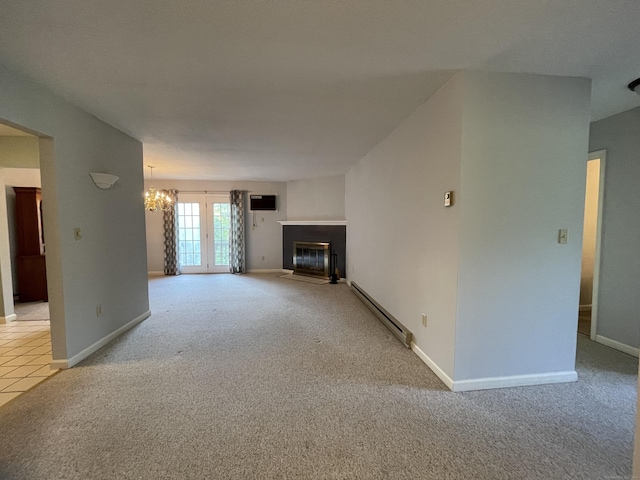 782 Oronoke Rd Apt 33, Waterbury, CT 06708 - unfurnished living room featuring a baseboard radiator, carpet flooring, a fireplace with flush hearth, and a chandelier