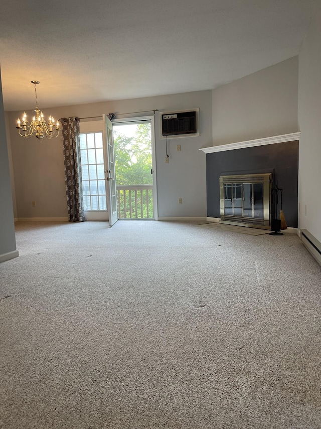782 Oronoke Rd Apt 33, Waterbury, CT 06708 - unfurnished living room featuring a wall mounted AC, a chandelier, carpet floors, a fireplace with flush hearth, and baseboards