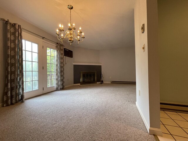 782 Oronoke Rd Apt 33, Waterbury, CT 06708 - unfurnished living room featuring a baseboard heating unit, carpet floors, baseboards, and a chandelier