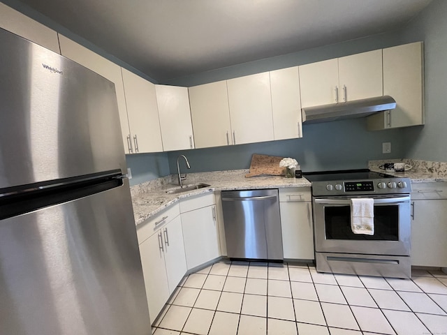 782 Oronoke Rd Apt 33, Waterbury, CT 06708 - kitchen with stainless steel appliances, under cabinet range hood, a sink, light stone countertops, and white cabinets