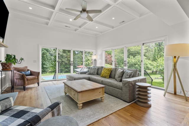 22 Douglas Dr, Norwalk, CT 06850 - living area with a high ceiling, a ceiling fan, light wood-style flooring, coffered ceiling, and recessed lighting