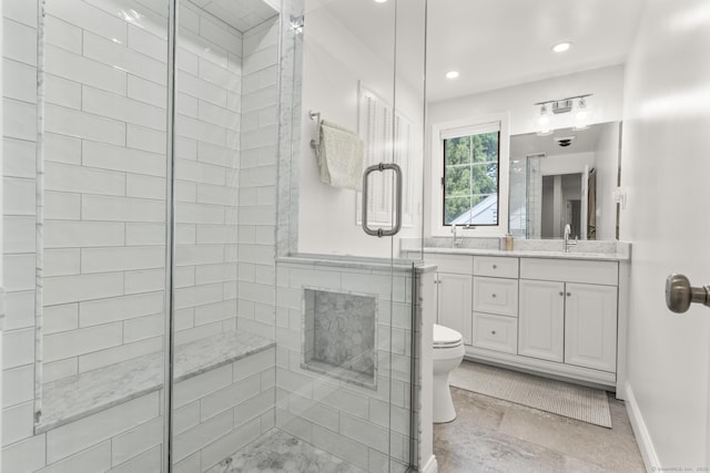 22 Douglas Dr, Norwalk, CT 06850 - bathroom with vanity, a shower stall, toilet, recessed lighting, and baseboards