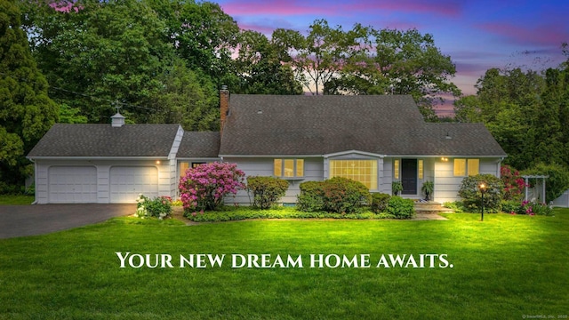 22 Douglas Dr, Norwalk, CT 06850 - cape cod home featuring a garage, driveway, a front lawn, a chimney, and roof with shingles