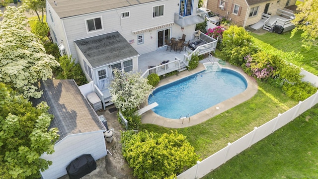 112 Vermont Ave, Stratford, CT 06615 - view of pool with outdoor dining space, a fenced backyard, a deck, and a diving board