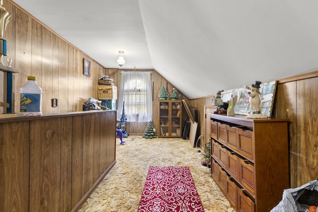 112 Vermont Ave, Stratford, CT 06615 - carpeted bedroom with wooden walls and vaulted ceiling