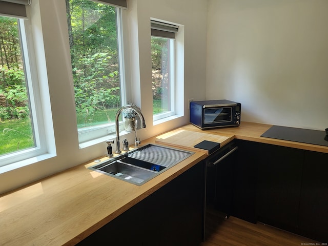 44 Tolland Ave Apt 54, Stafford, CT 06076 - kitchen featuring wood counters, dark cabinetry, a sink, black electric cooktop, and an office area