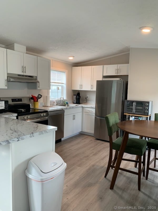 1012 Old Colony Rd Lot 8, Meriden, CT 06451 - kitchen featuring appliances with stainless steel finishes, under cabinet range hood, light wood-style floors, white cabinetry, and a sink