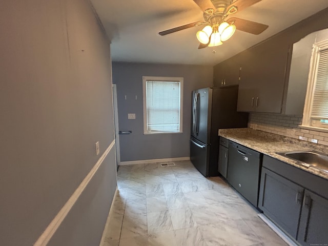 138 Radnor Ave, Naugatuck, CT 06770 - kitchen with dishwashing machine, light marble finish flooring, tasteful backsplash, a ceiling fan, and a sink
