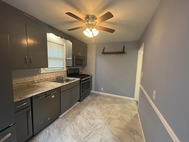 138 Radnor Ave, Naugatuck, CT 06770 - kitchen with appliances with stainless steel finishes, a sink, backsplash, light marble finish floors, and ceiling fan
