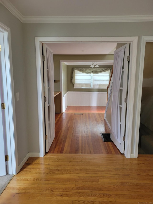 26 King St, Shelton, CT 06484 - hallway featuring hardwood / wood-style floors, stairway, and crown molding