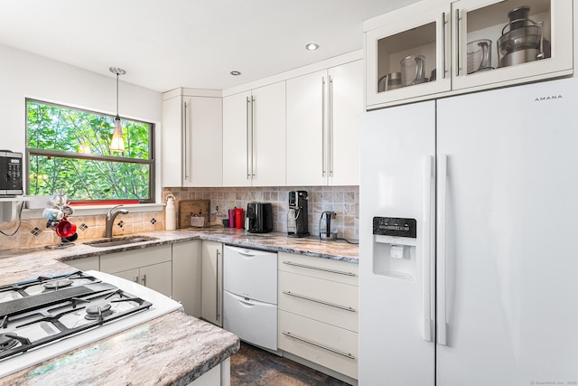 3 Clemens Ct Unit 3, Rocky Hill, CT 06067 - kitchen featuring white appliances, decorative backsplash, a sink, white cabinets, and recessed lighting