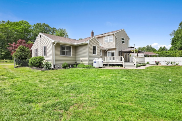 8 Palmer Ln, Oxford, CT 06478 - rear view of property featuring a gazebo, a chimney, and a wooden deck