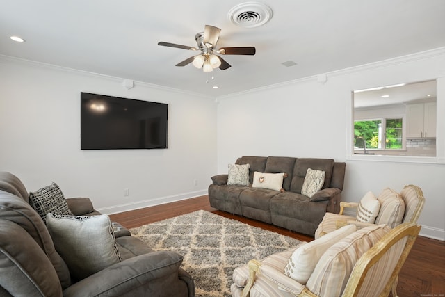 8 Palmer Ln, Oxford, CT 06478 - living area with ceiling fan, ornamental molding, wood finished floors, and recessed lighting